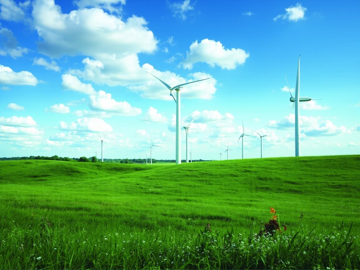 Wind turbines across a green Texas prairie under blue sky
