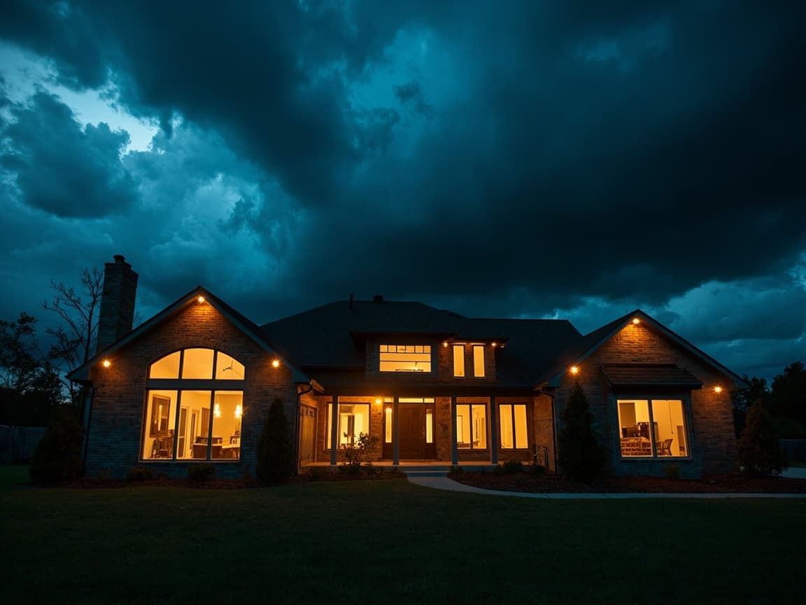 Texas home glowing with warm interior light during a stormy evening
