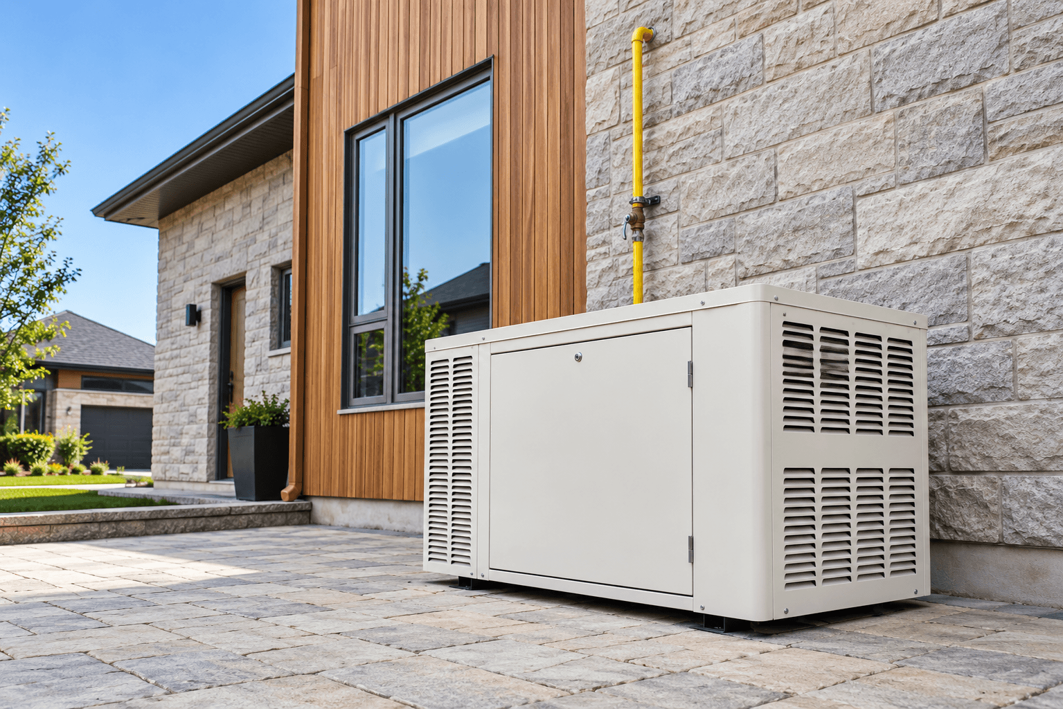 Standby backup generator installed beside a modern Texas home