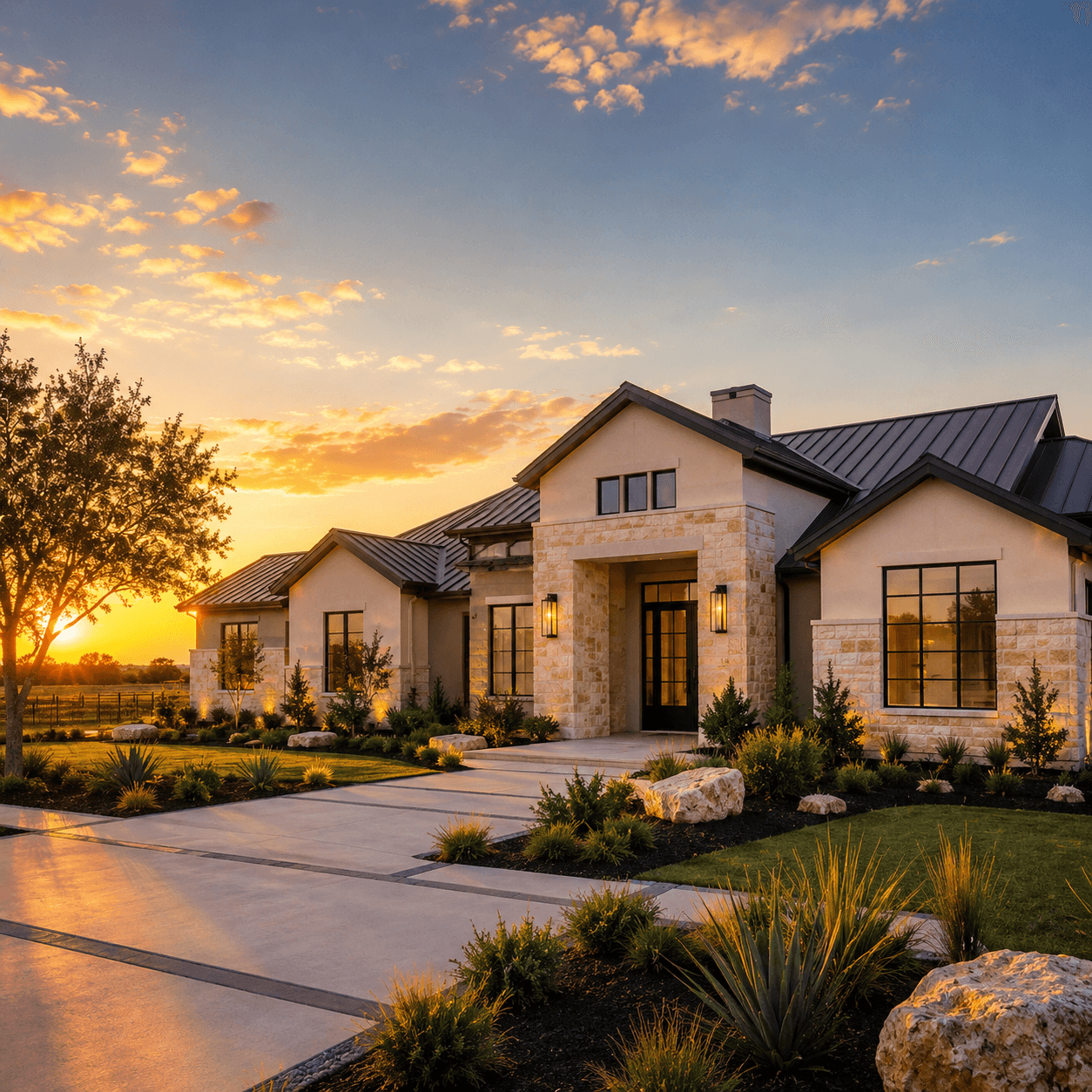 Texas Hill Country style home exterior at sunset
